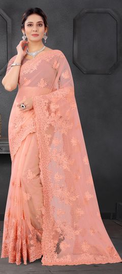 Pink and Majenta color Saree in Net fabric with Embroidered, Moti, Resham, Stone, Thread work