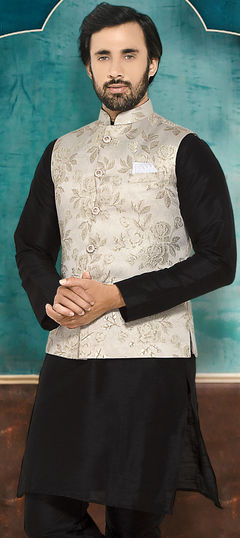 Beige and Brown color Nehru Jacket in Brocade fabric with Weaving work