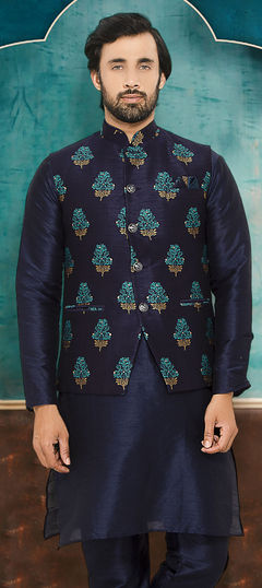Blue color Nehru Jacket in Brocade fabric with Weaving work