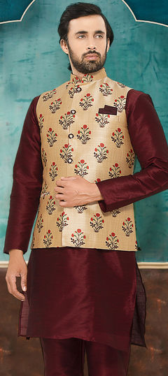 Beige and Brown color Nehru Jacket in Silk fabric with Floral, Weaving work