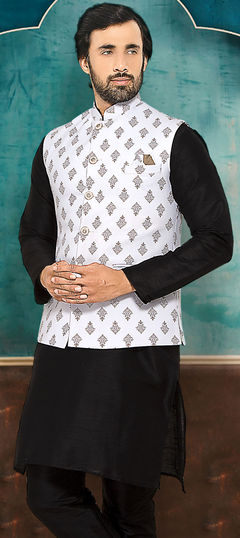White and Off White color Nehru Jacket in Rayon fabric with Printed work