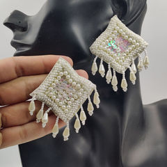 Enamel White and Off White color Earrings in Metal Alloy studded with Beads, Pearl