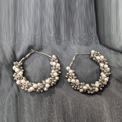 Gold Rodium Polish White and Off White color Earrings in Metal Alloy studded with Pearl