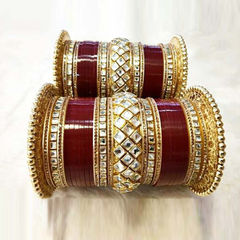 Gold Rodium Polish Red and Maroon color Bangles in Metal Alloy studded with Beads