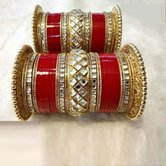 Gold Rodium Polish Red and Maroon color Bangles in Metal Alloy studded with Beads