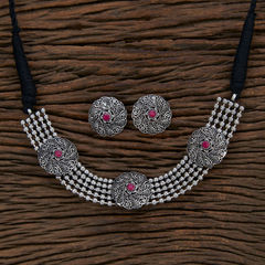 Silver Rodium Polish Pink and Majenta color Necklace in Brass studded with CZ Diamond