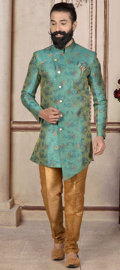 Blue color IndoWestern Dress in Jacquard fabric with Broches work