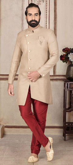 Beige and Brown color IndoWestern Dress in Jacquard fabric with Broches, Weaving work