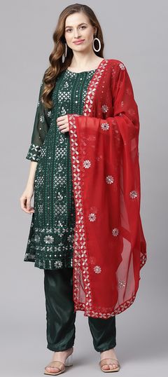 Green color Salwar Kameez in Georgette fabric with Embroidered, Mirror, Resham, Stone, Zari work