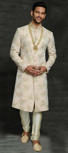 Beige and Brown color Sherwani in Silk fabric with Thread, Zari work : 1752833