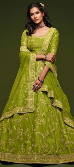 Green color Lehenga in Art Silk fabric with Embroidered, Sequence, Thread, Zari work