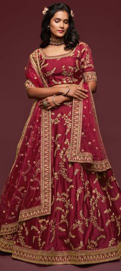 Red and Maroon color Lehenga in Art Silk fabric with Embroidered, Sequence, Thread, Zari work