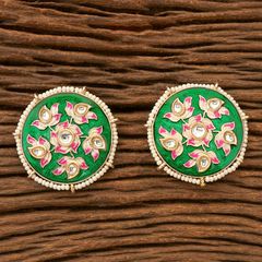 Gold Rodium Polish Green color Earrings in Brass studded with Kundan, Pearl