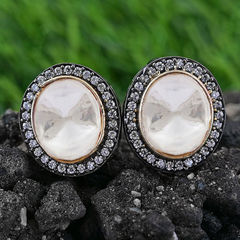 Enamel Black and Grey, White and Off White color Earrings in Brass studded with CZ Diamond, Kundan