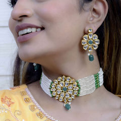 Gold Rodium Polish Green, White and Off White color Necklace in Brass studded with Kundan