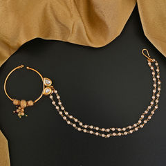 Gold Rodium Polish White and Off White color Nose Ring in Copper studded with Kundan, Pearl