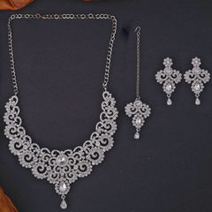 Silver Rodium Polish White and Off White color Necklace in Copper studded with CZ Diamond