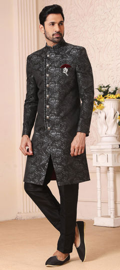 Black and Grey color IndoWestern Dress in Brocade fabric with Broches, Floral, Weaving work