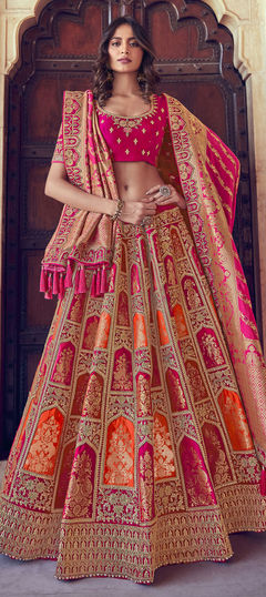 Bridal, Traditional, Wedding Orange, Pink and Majenta color Lehenga in Silk fabric with A Line Border, Embroidered, Resham, Stone, Thread, Zari work : 1753940