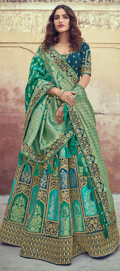 Bridal, Traditional, Wedding Green color Lehenga in Silk fabric with A Line Border, Embroidered, Resham, Stone, Thread, Zari work : 1753941