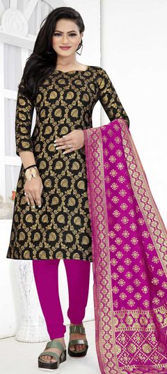 Black and Grey color Salwar Kameez in Banarasi Silk fabric with Weaving work