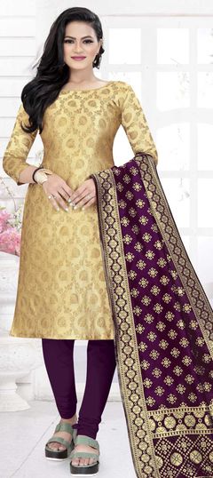 Beige and Brown color Salwar Kameez in Banarasi Silk fabric with Weaving work