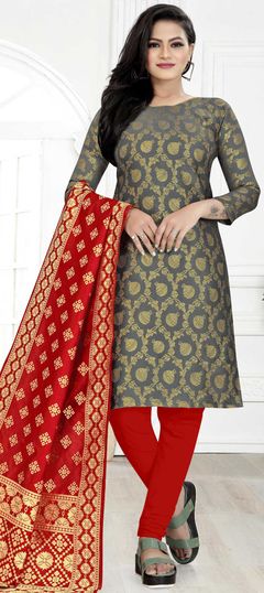 Traditional Black and Grey color Salwar Kameez in Banarasi Silk fabric with Churidar, Straight Weaving work : 1754067