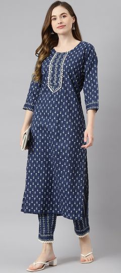 Blue color Salwar Kameez in Cotton fabric with Lace, Printed work