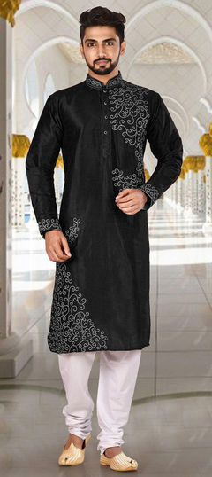 Black and Grey color Kurta Pyjamas in Dupion Silk fabric with Aari, Embroidered work