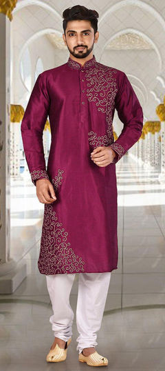 Purple and Violet color Kurta Pyjamas in Dupion Silk fabric with Aari, Embroidered work