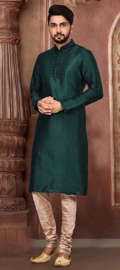 Green color Kurta Pyjamas in Dupion Silk fabric with Embroidered, Thread work