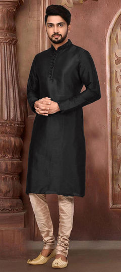 Black and Grey color Kurta Pyjamas in Dupion Silk fabric with Embroidered, Thread work