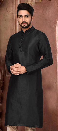 Black and Grey color Kurta in Dupion Silk fabric with Embroidered work