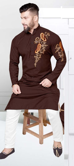 Beige and Brown color Kurta Pyjamas in Cotton fabric with Thread work