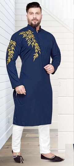 Blue color Kurta Pyjamas in Cotton fabric with Thread work