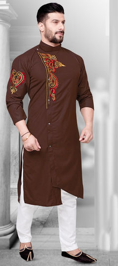 Beige and Brown color Kurta Pyjamas in Cotton fabric with Thread work