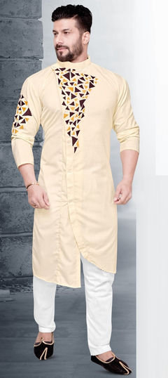 Beige and Brown color Kurta Pyjamas in Cotton fabric with Thread work