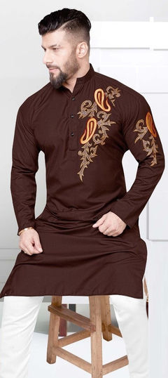 Beige and Brown color Kurta in Cotton fabric with Thread work