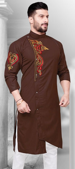 Beige and Brown color Kurta in Cotton fabric with Thread work