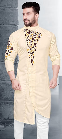 Beige and Brown color Kurta in Cotton fabric with Thread work