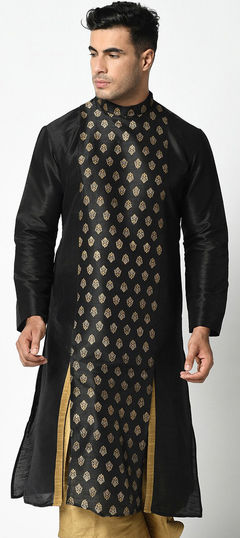 Black and Grey color Kurta in Dupion Silk fabric with Printed work