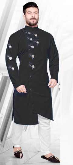 Black and Grey color Kurta Pyjamas in Cotton fabric with Thread work