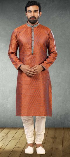 Beige and Brown, Blue color Kurta Pyjamas in Jacquard fabric with Lace, Thread work