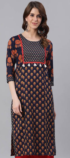 Blue color Kurti in Cotton fabric with Printed, Thread work