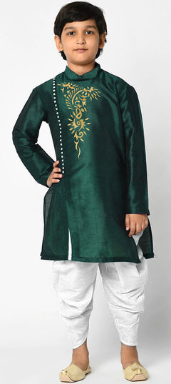 Green color Boys Dhoti Kurta in Dupion Silk fabric with Thread work : 1754488