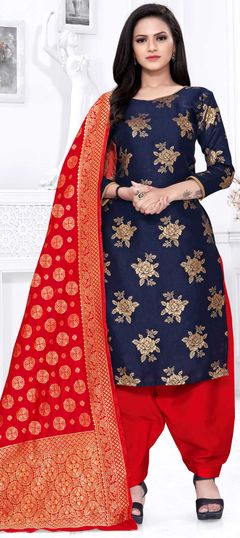 Blue color Salwar Kameez in Banarasi Silk fabric with Weaving work