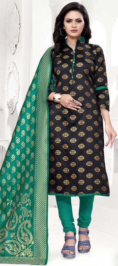 Black and Grey color Salwar Kameez in Banarasi Silk, Silk fabric with Weaving work