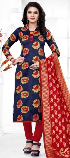 Blue color Salwar Kameez in Banarasi Silk, Silk fabric with Weaving work