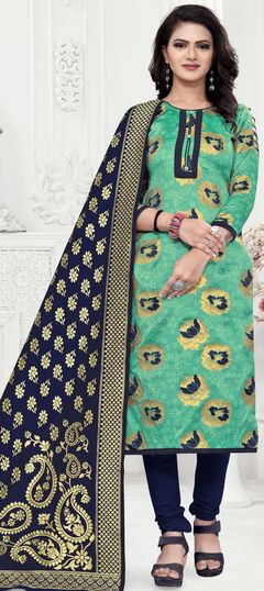 Green color Salwar Kameez in Banarasi Silk, Silk fabric with Weaving work