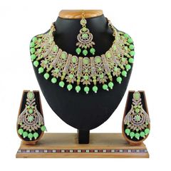 Green color Necklace in Metal Alloy studded with CZ Diamond, Pearl & Gold Rodium Polish : 1754765